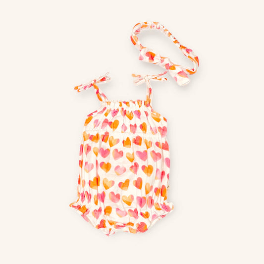 Hearts Shoulder Strap Baby Romper + Headband (Organic)