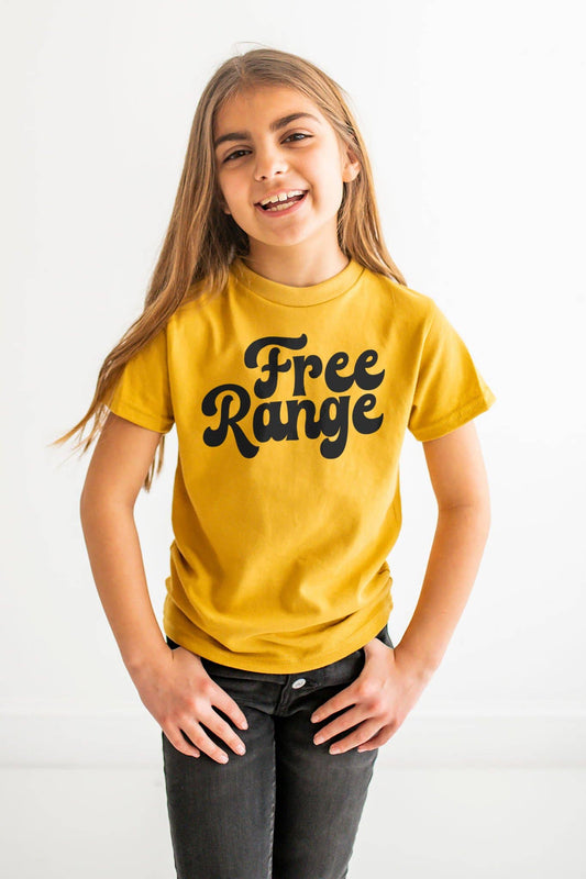 Free Range Kids T-shirt | Eco-Friendly Farm Graphic Tee: Mustard / Youth Small