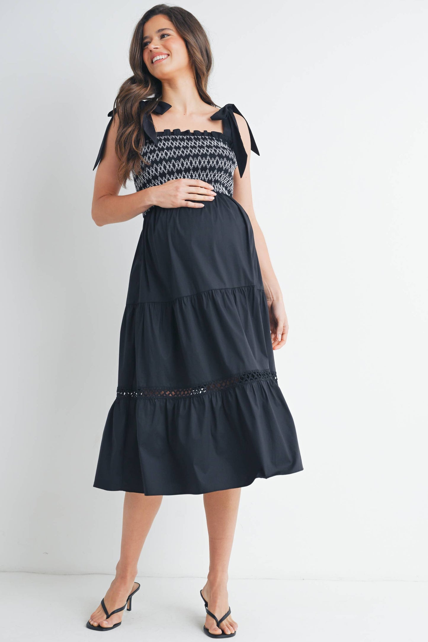 Smocked Tie-Strap Maternity Ruffle Midi Dress