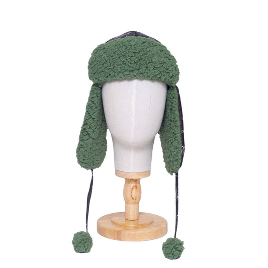 The Cozy Trapper – Dino Bones Print with Katydid Green Sherpa Liner & Pompoms