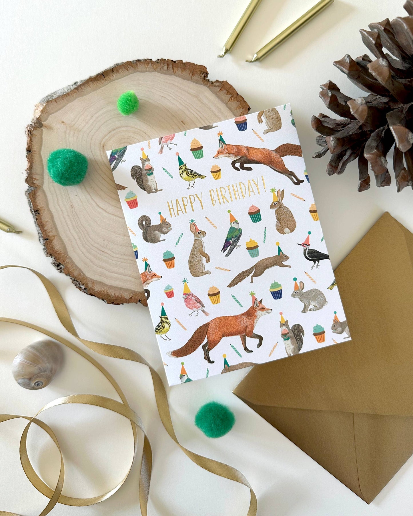 Forest Animals Galore Fox Bunny Bird Squirrel Birthday Card *Foil Stamped*