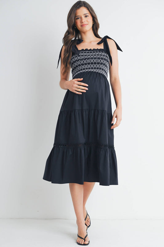 Smocked Tie-Strap Maternity Ruffle Midi Dress