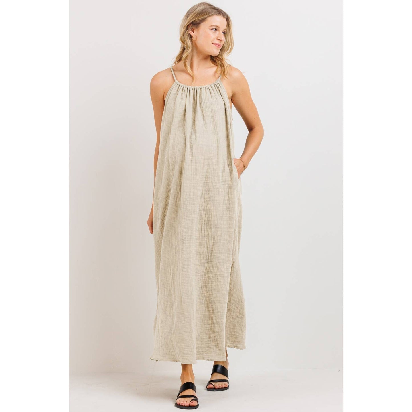 Cotton Halter Maternity Column Maxi Dress