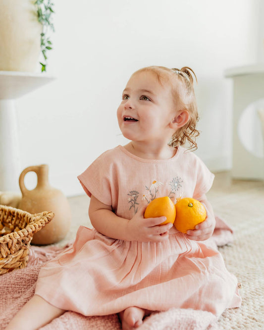 Alicia Embroidered Daisy Baby Dress + Bloomer (Linen Blend)