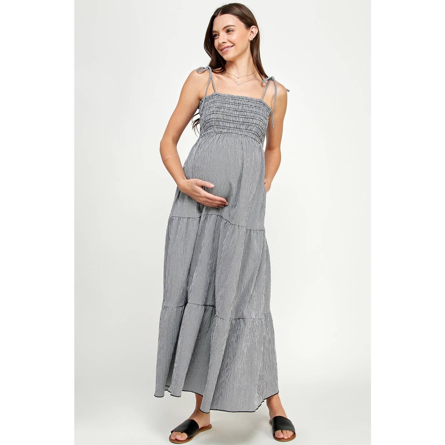 Gingham Tie-Strap Maternity Tiered Maxi Dress