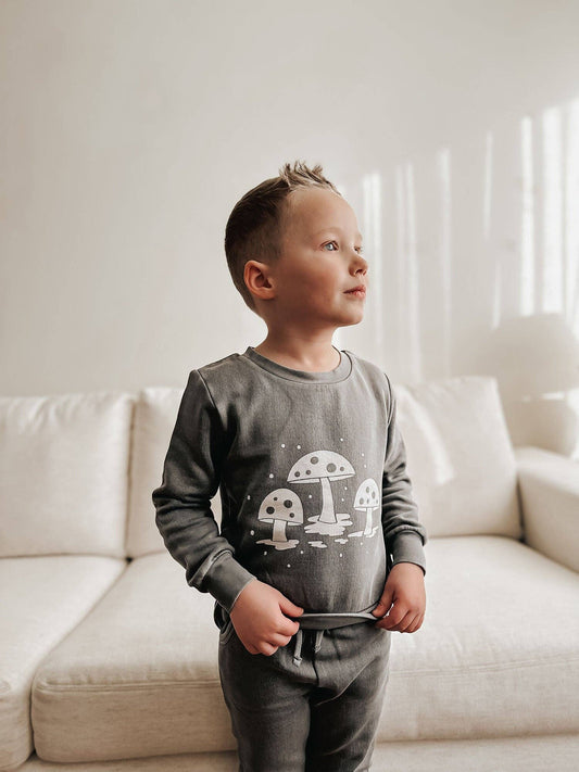 Kids' Organic Cozy Graphic Sweatshirt & Jogger Set in Mist Mushrooms