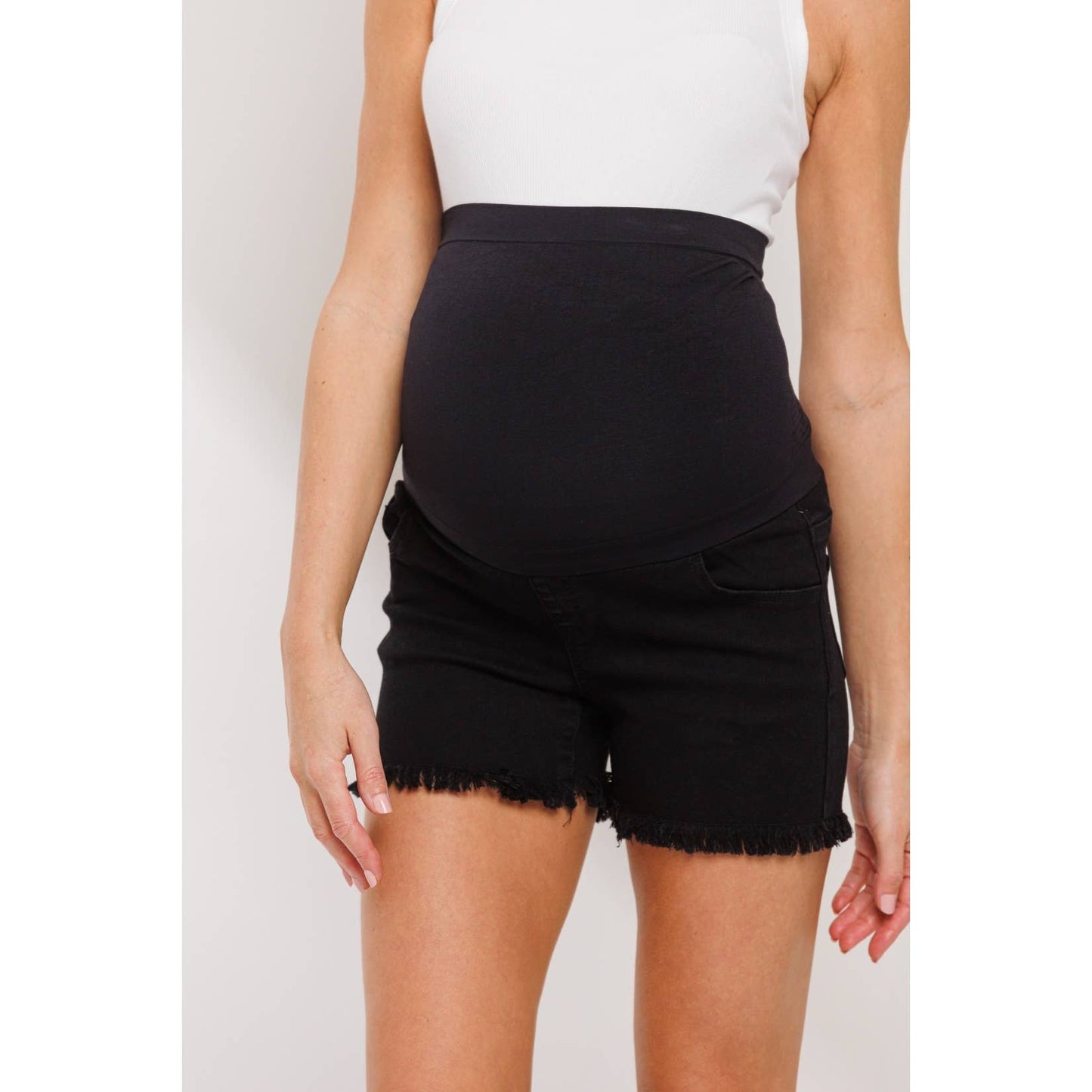 Frayed Denim Maternity Shorts with Waistband Panel