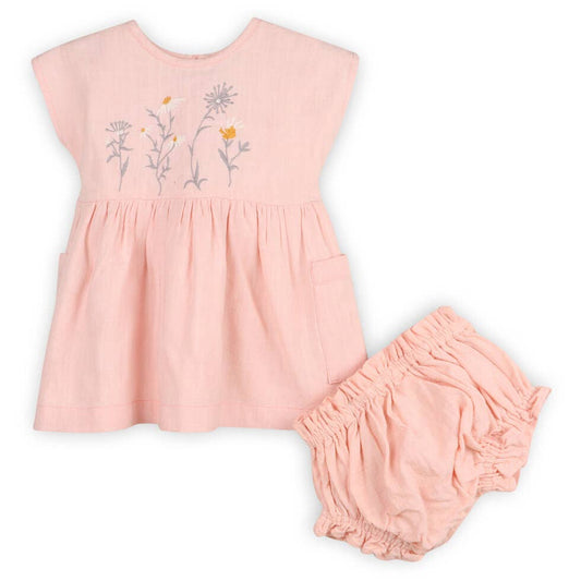 Alicia Embroidered Daisy Baby Dress + Bloomer (Linen Blend)