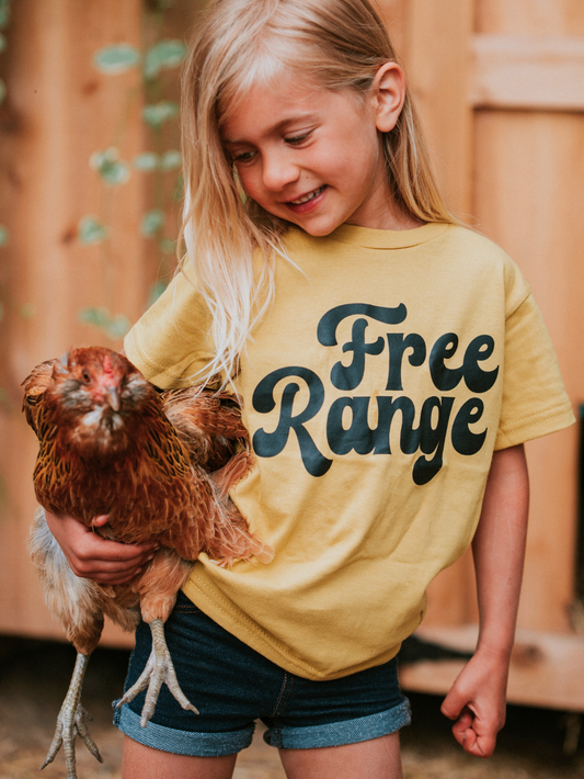 Free Range Kids T-shirt | Eco-Friendly Farm Graphic Tee: Mustard / Youth Small