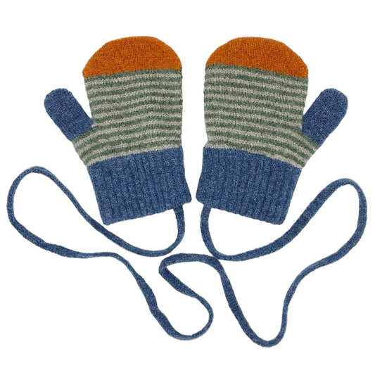 Kids' Patterned Lambswool Mittens: Stripe - denim blue