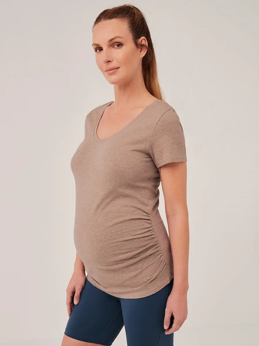 Maternity Ruched V-neck Tee | Stucco Heather