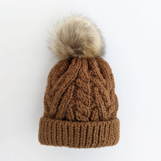 Cable Knit Baby and Toddler PomPom Beanie Hat | Pecan