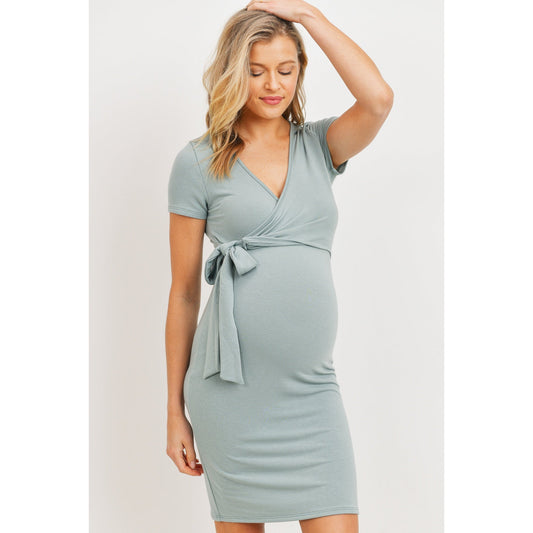 Short Sleeve Soft Terry Maternity and Nursing Dress | Sage