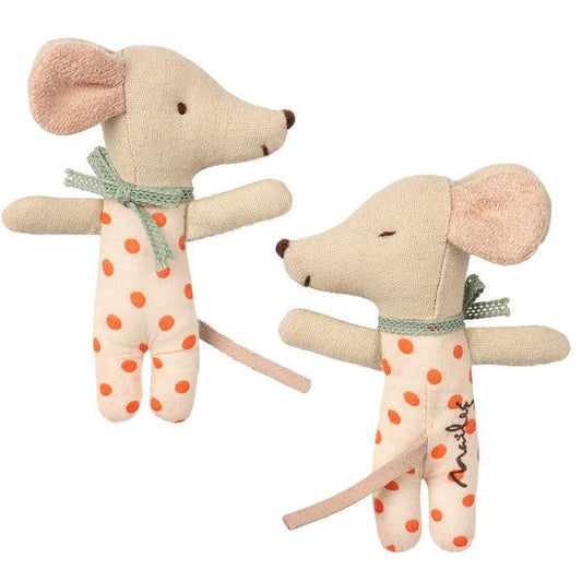 baby linen plush mouse with one side asleep and one side awake in a polka dot coral outfit