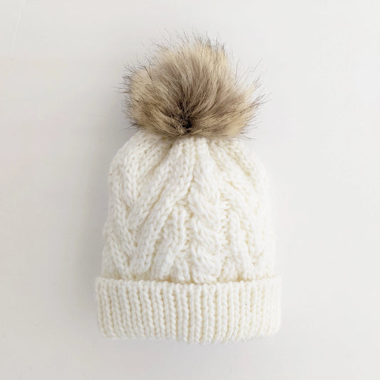 Cable Knit Baby and Toddler PomPom Beanie Hat | Winter White