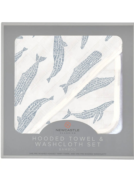Blue Shadow Whales Bamboo Hooded Towel and Washcloth Set