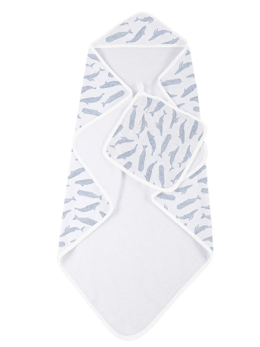 Blue Shadow Whales Bamboo Hooded Towel and Washcloth Set