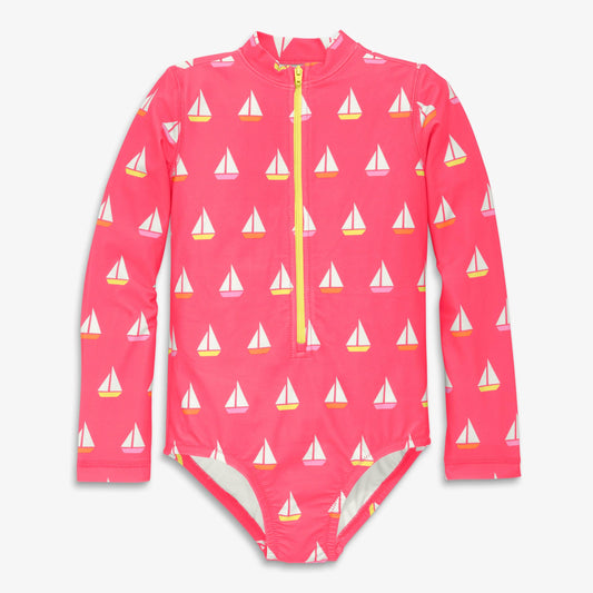 Kids long sleeve one-piece rash guard in sailboats