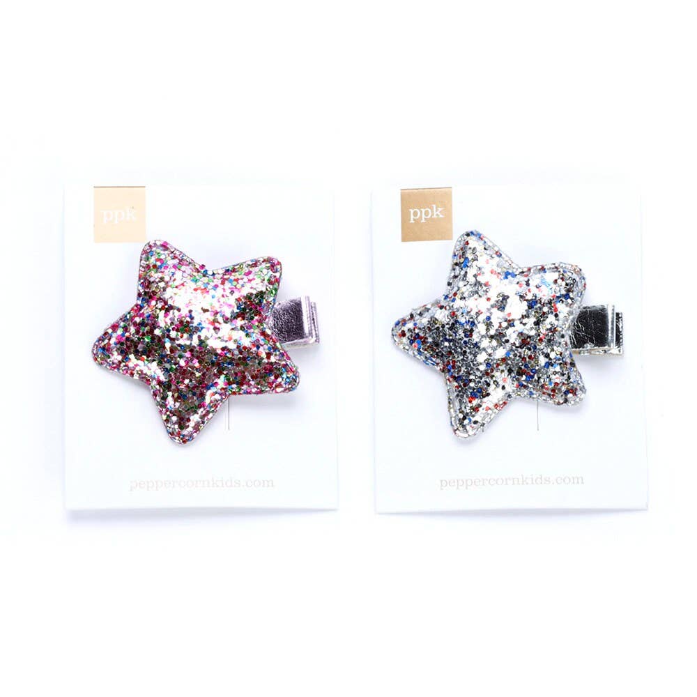 Glitter Star Hair Clip Set of 2 cards  - Pink / Silver