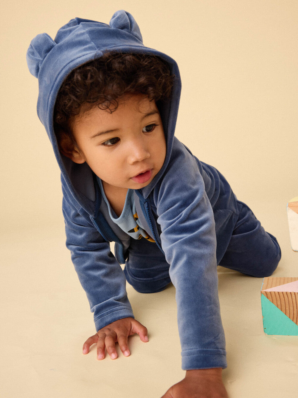 Bear Ears Velour Baby Hoodie / NAVAL BLUE