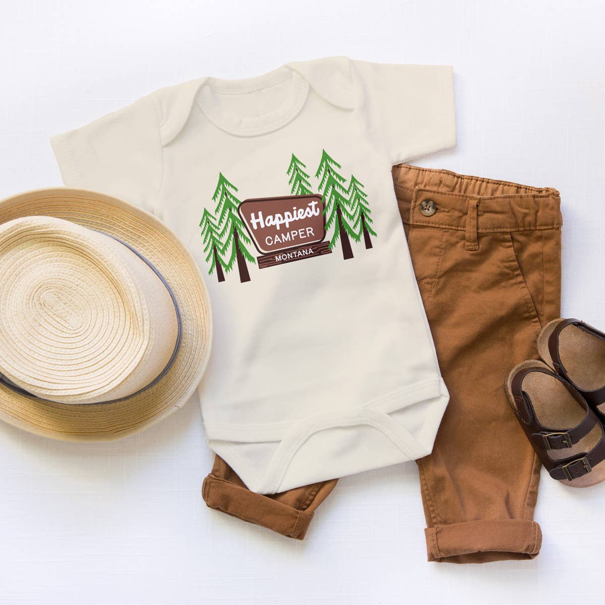 Name Drop City Baby Bodysuit, Happiest Camper, Park Sign For
