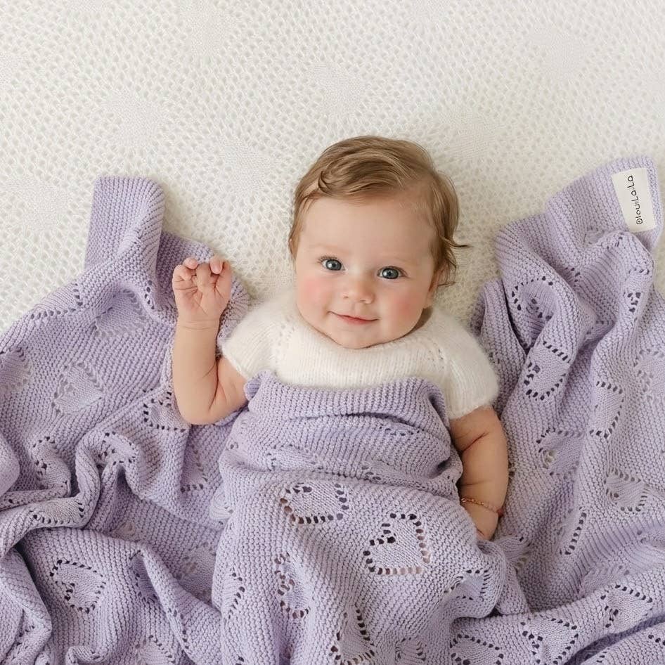 100% Luxury Cotton Receiving Swaddle Baby Blanket - Heart: Lavender