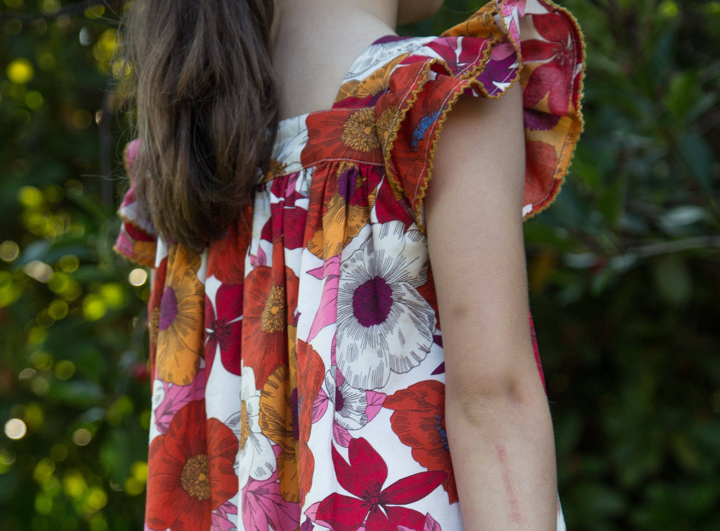 Girls Everly Square Neck Dress | Red and Orange Floral Medley