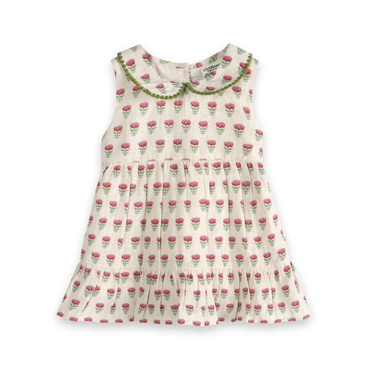 Mia Block Print Floral Baby Dress + Bloomer (Linen Blend)