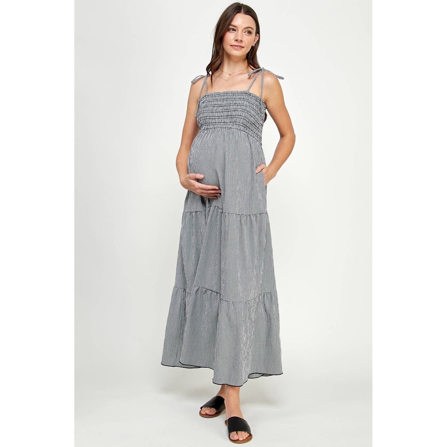 Gingham Tie-Strap Maternity Tiered Maxi Dress