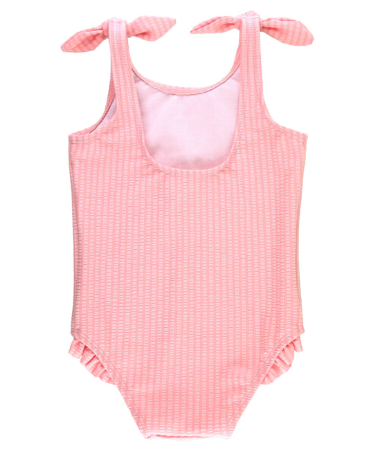 Girls Pink Seersucker Tie Shoulder One Piece