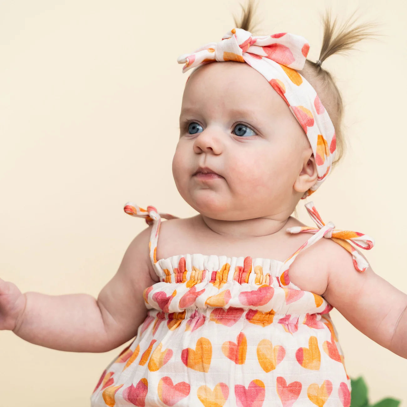 Hearts Shoulder Strap Baby Romper + Headband (Organic)