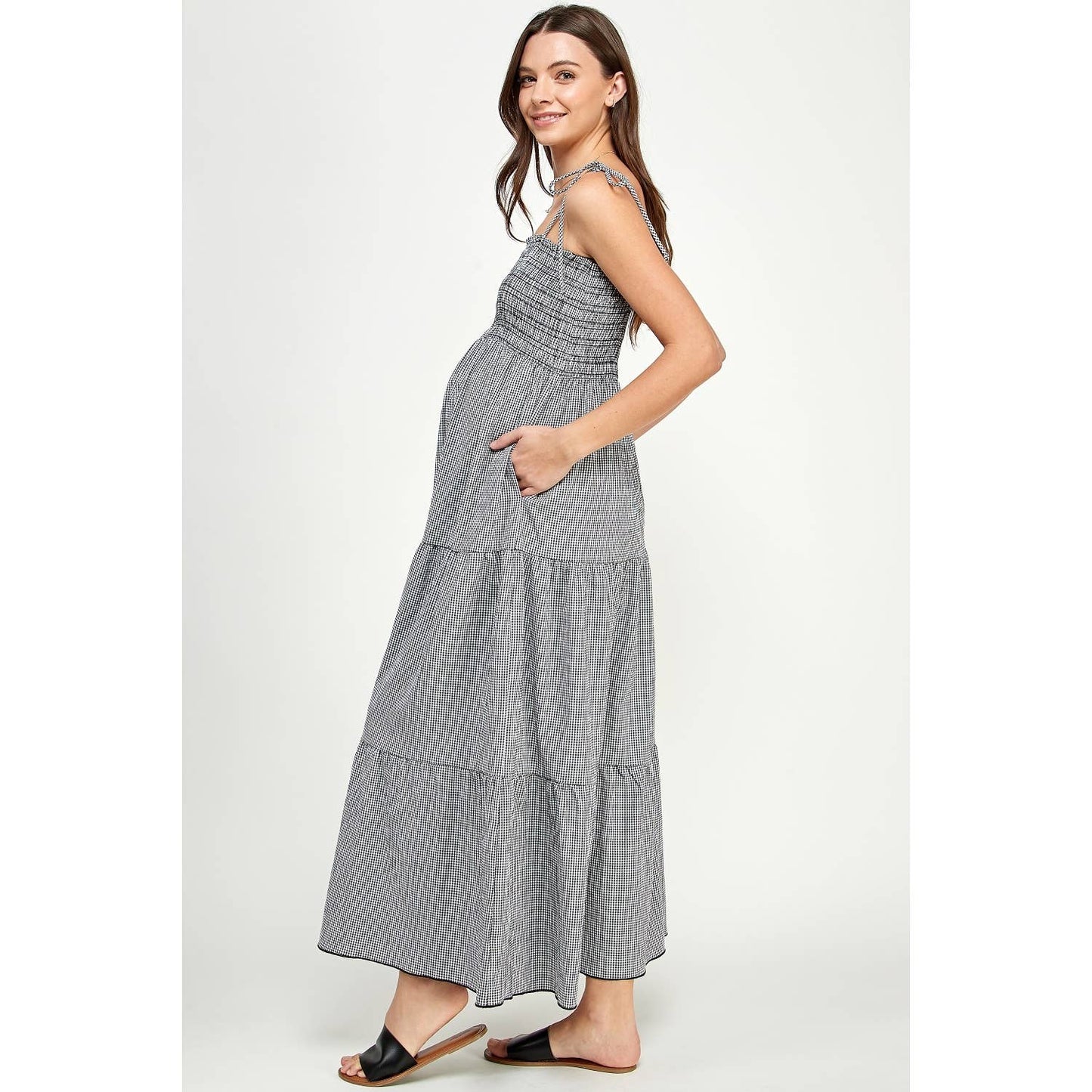 Gingham Tie-Strap Maternity Tiered Maxi Dress