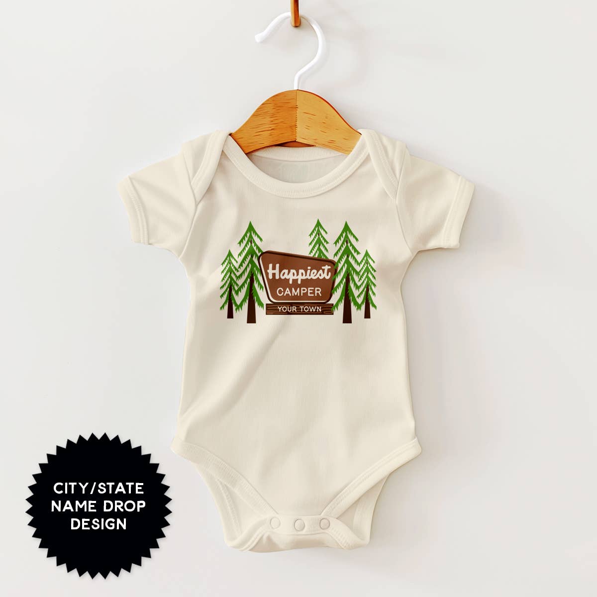 Name Drop City Baby Bodysuit, Happiest Camper, Park Sign For