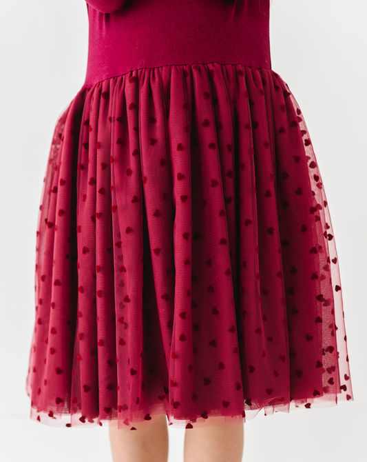Kids Girls Velvet Heart Holiday Tulle Dress - Ruby
