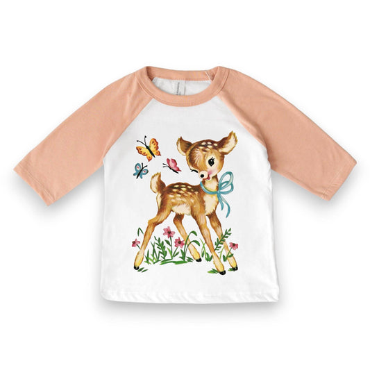 Kids Raglan Tee – Little Doe Deer Graphic, Soft Cotton/Poly