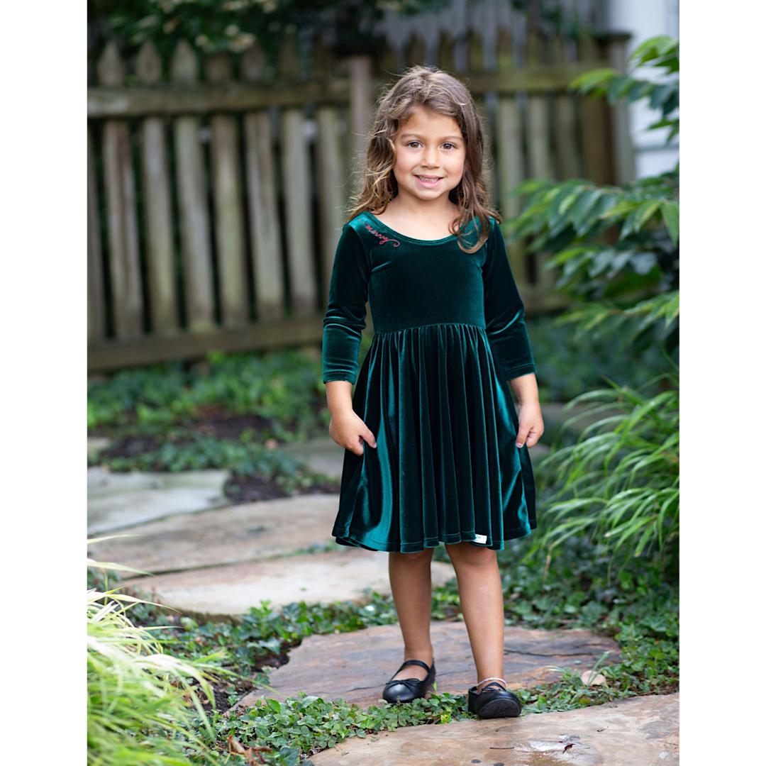 Christmas 2025 Holiday Twirly Dress in Green Velvet