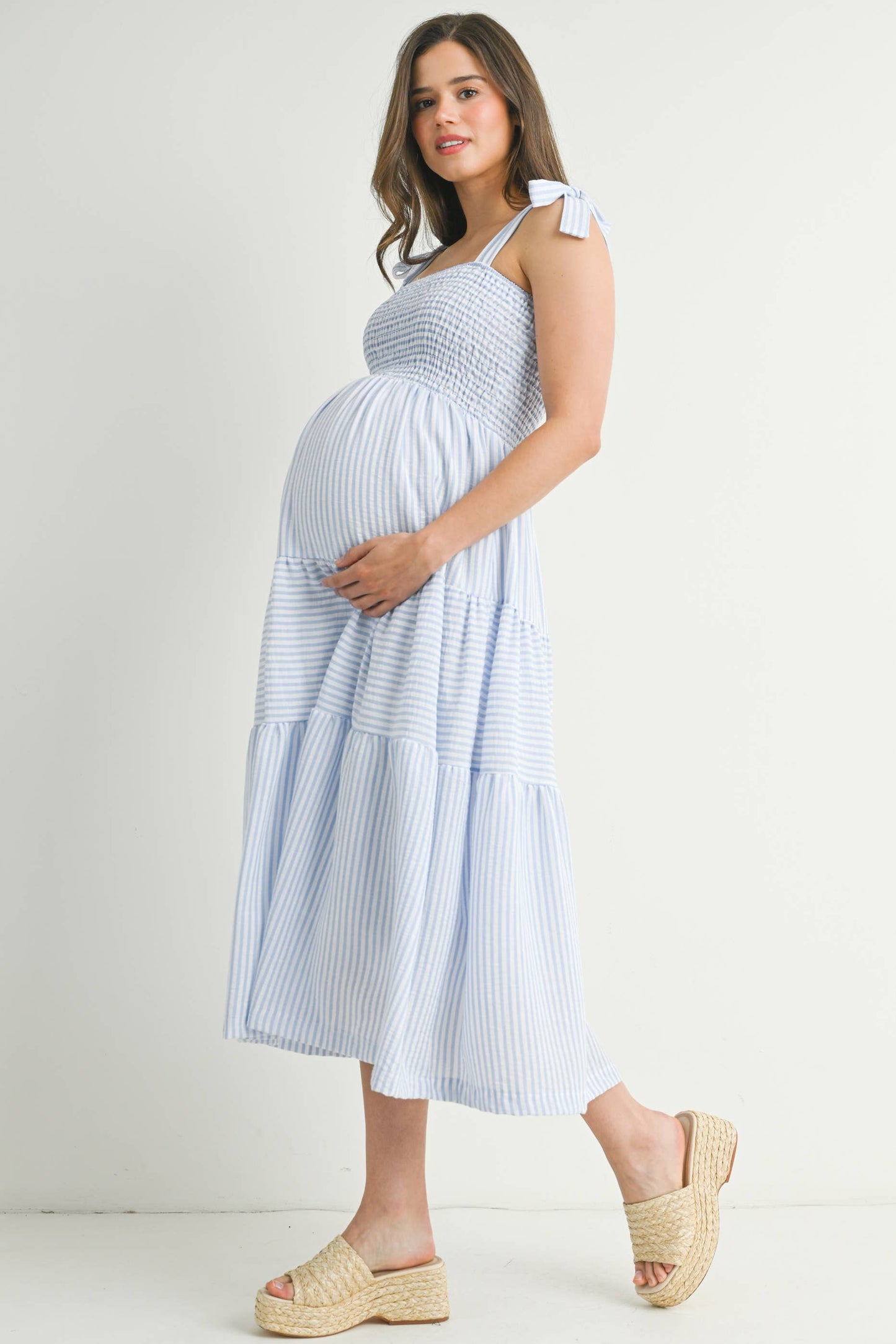 Striped Ruffle Tiered Maternity Midi Dress