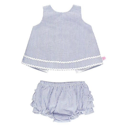 Baby Girls Blue Seersucker Ric Rac Swing Top & Bloomer Set