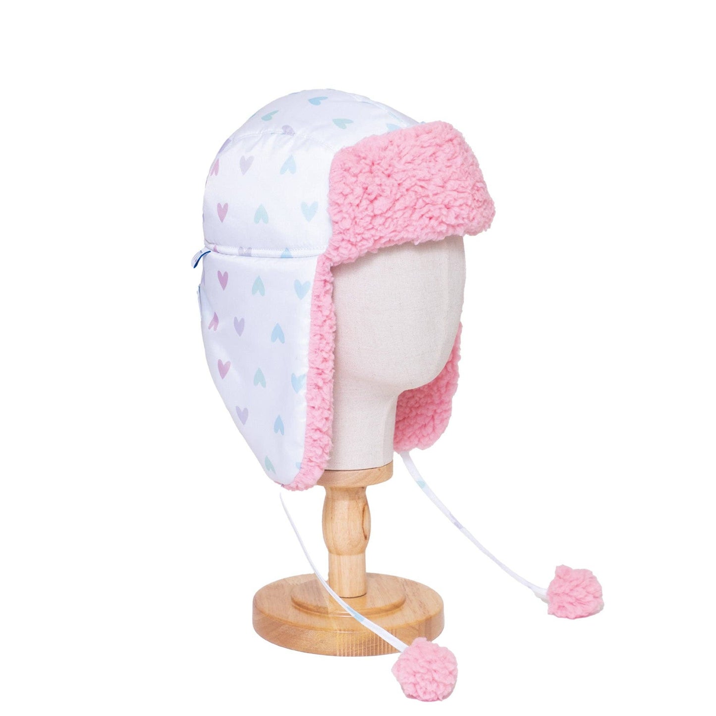 The Cozy Trapper Hat – Hearts Print with Cosmos Pink Sherpa Liner & Pompoms