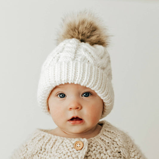 Winter White Pop Pom Pom Beanie Hat Baby & Kids