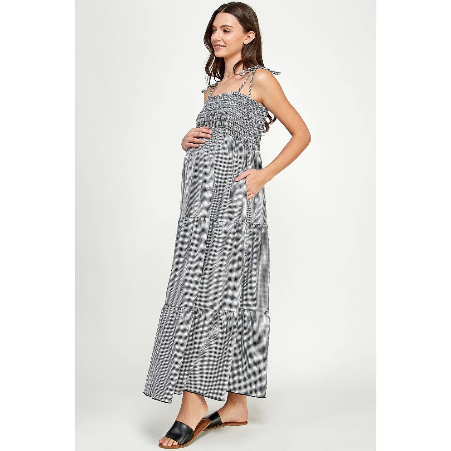 Gingham Tie-Strap Maternity Tiered Maxi Dress