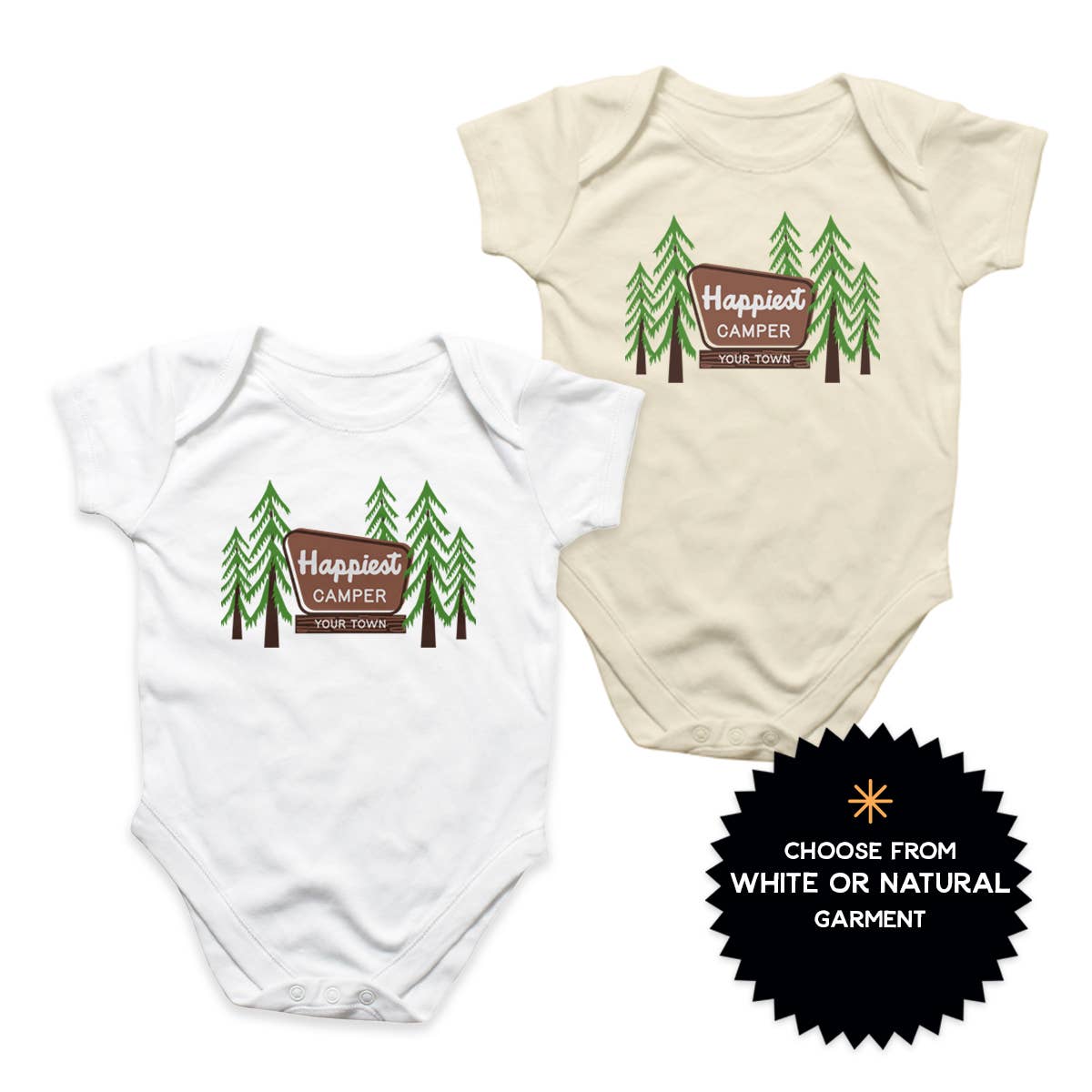 Name Drop City Baby Bodysuit, Happiest Camper, Park Sign For