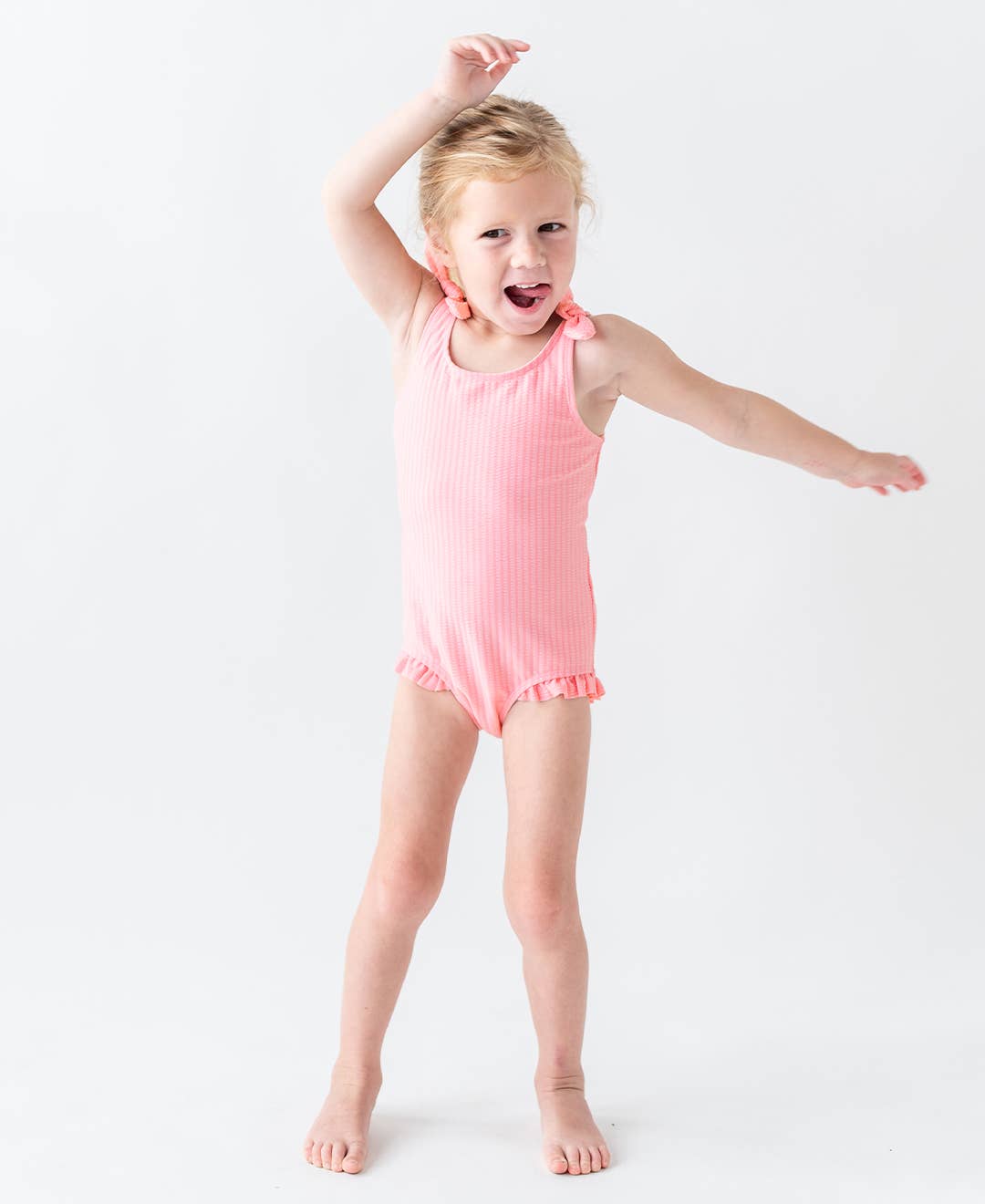 Girls Pink Seersucker Tie Shoulder One Piece