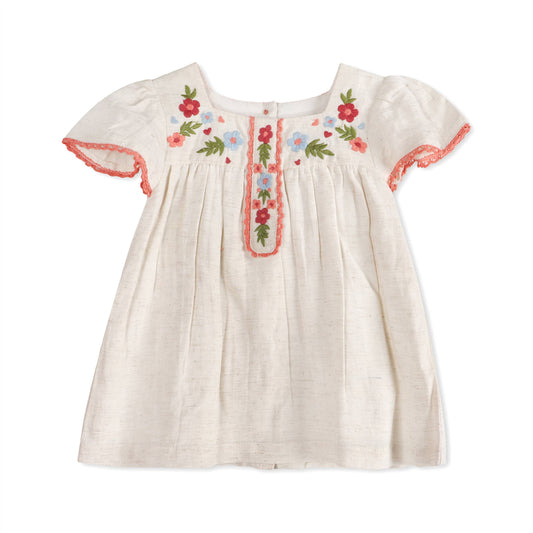 Gabi Embroidered Baby Dress + Bloomer (Linen Blend)