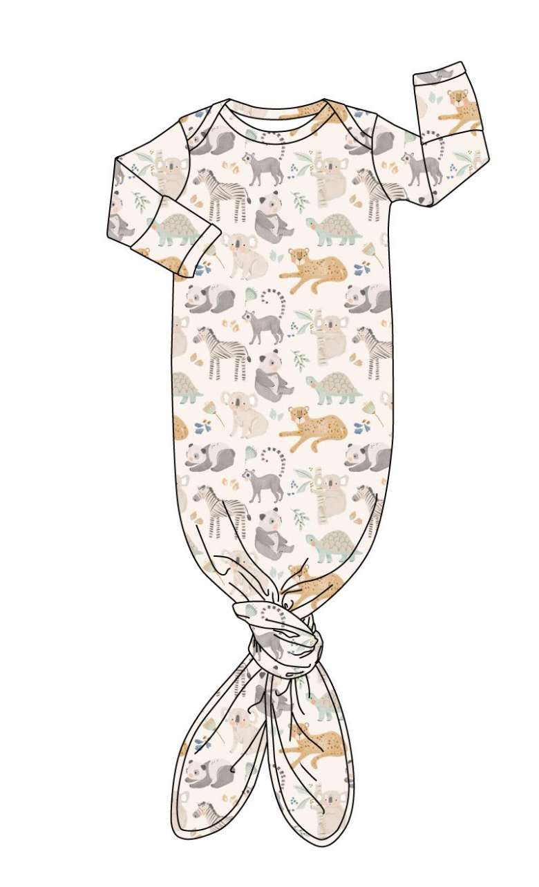 Baby Bamboo Knotted Baby Gown + Hat Gift Set - Safari Friend