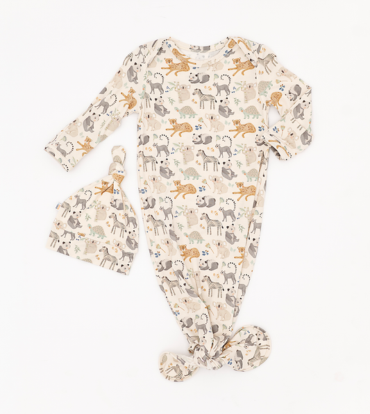 Baby Bamboo Knotted Baby Gown + Hat Gift Set - Safari Friend
