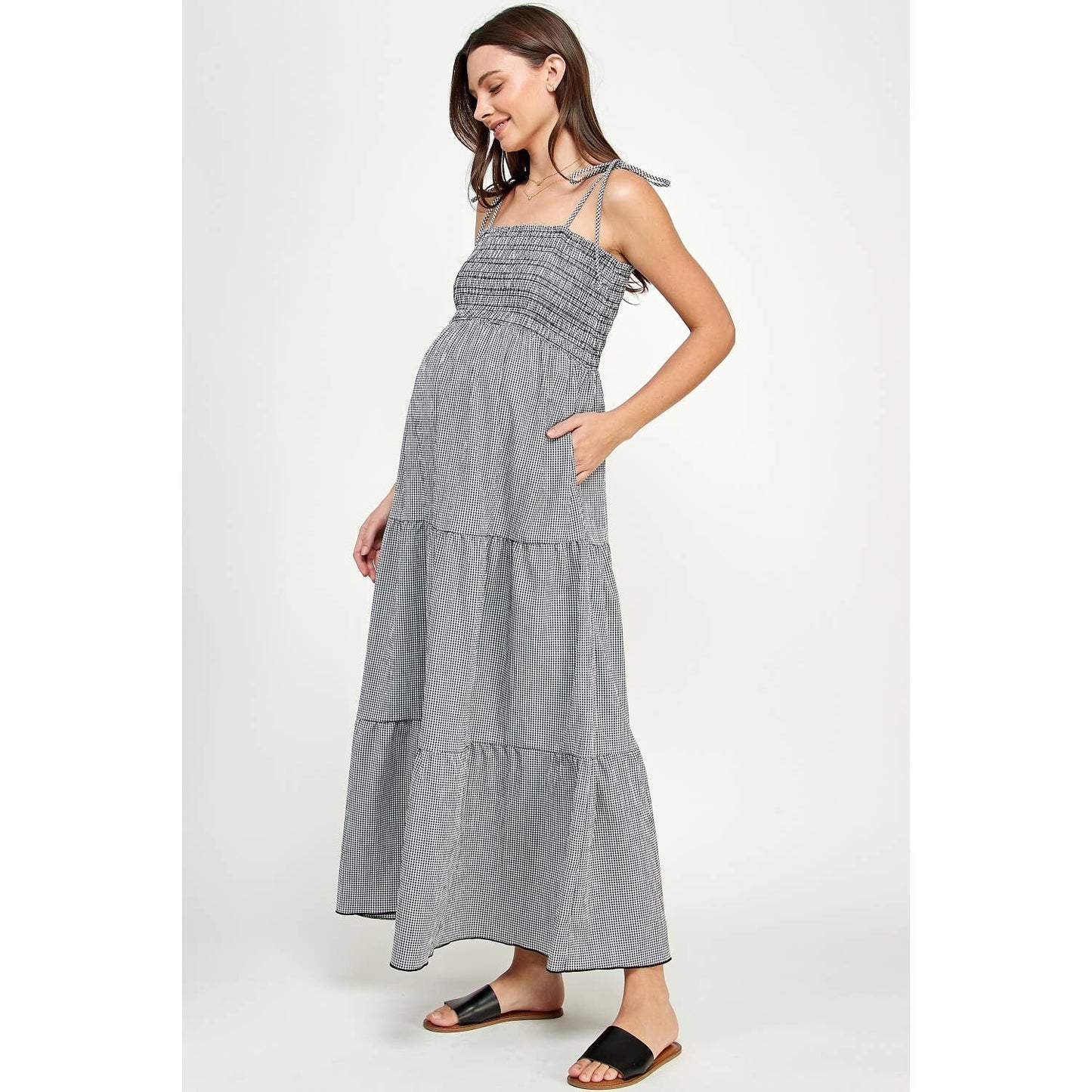 Gingham Tie-Strap Maternity Tiered Maxi Dress