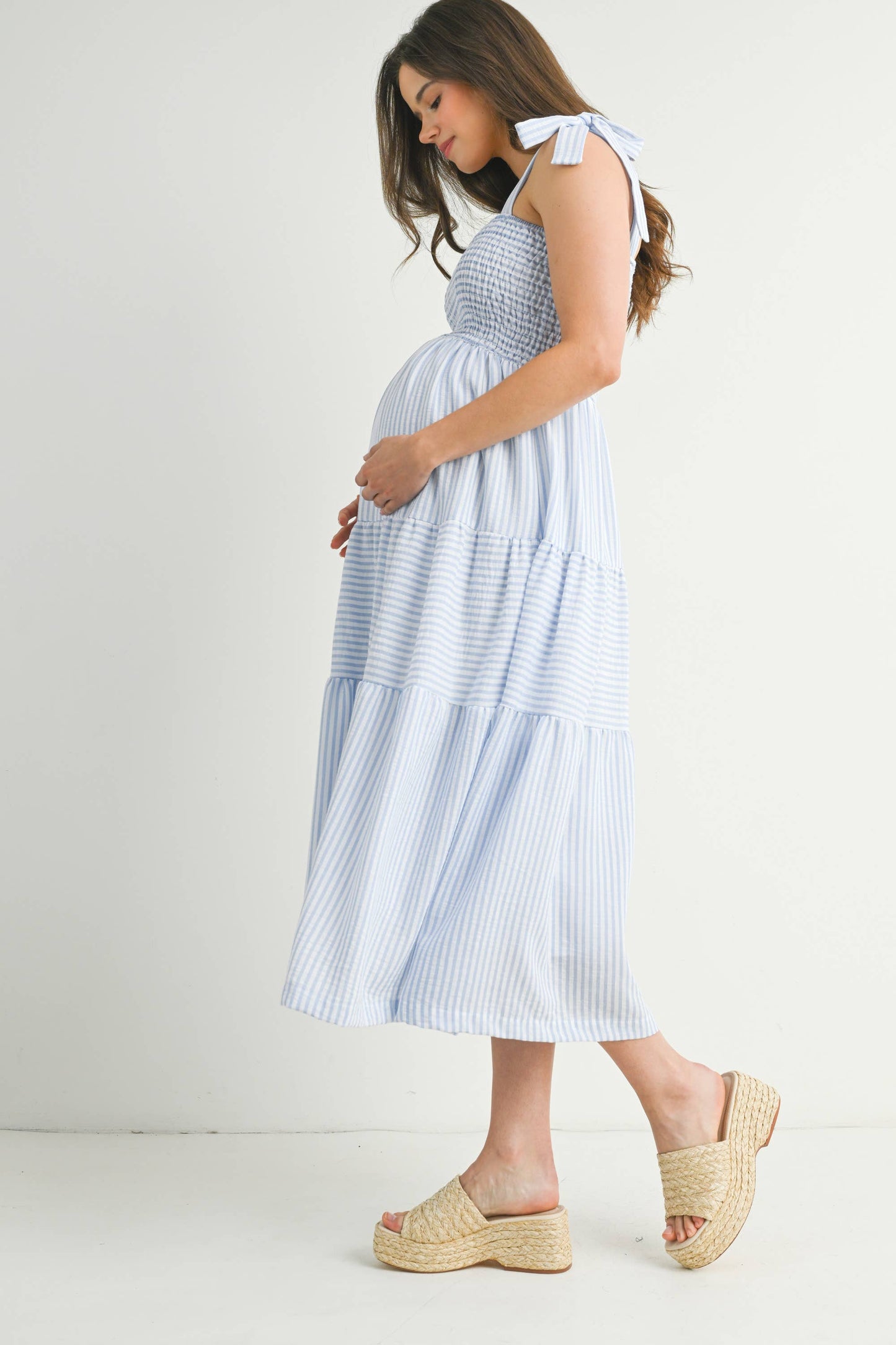 Striped Ruffle Tiered Maternity Midi Dress