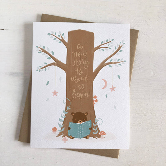 A New Story - Woodland Bookish Bear New Baby Greeting Card