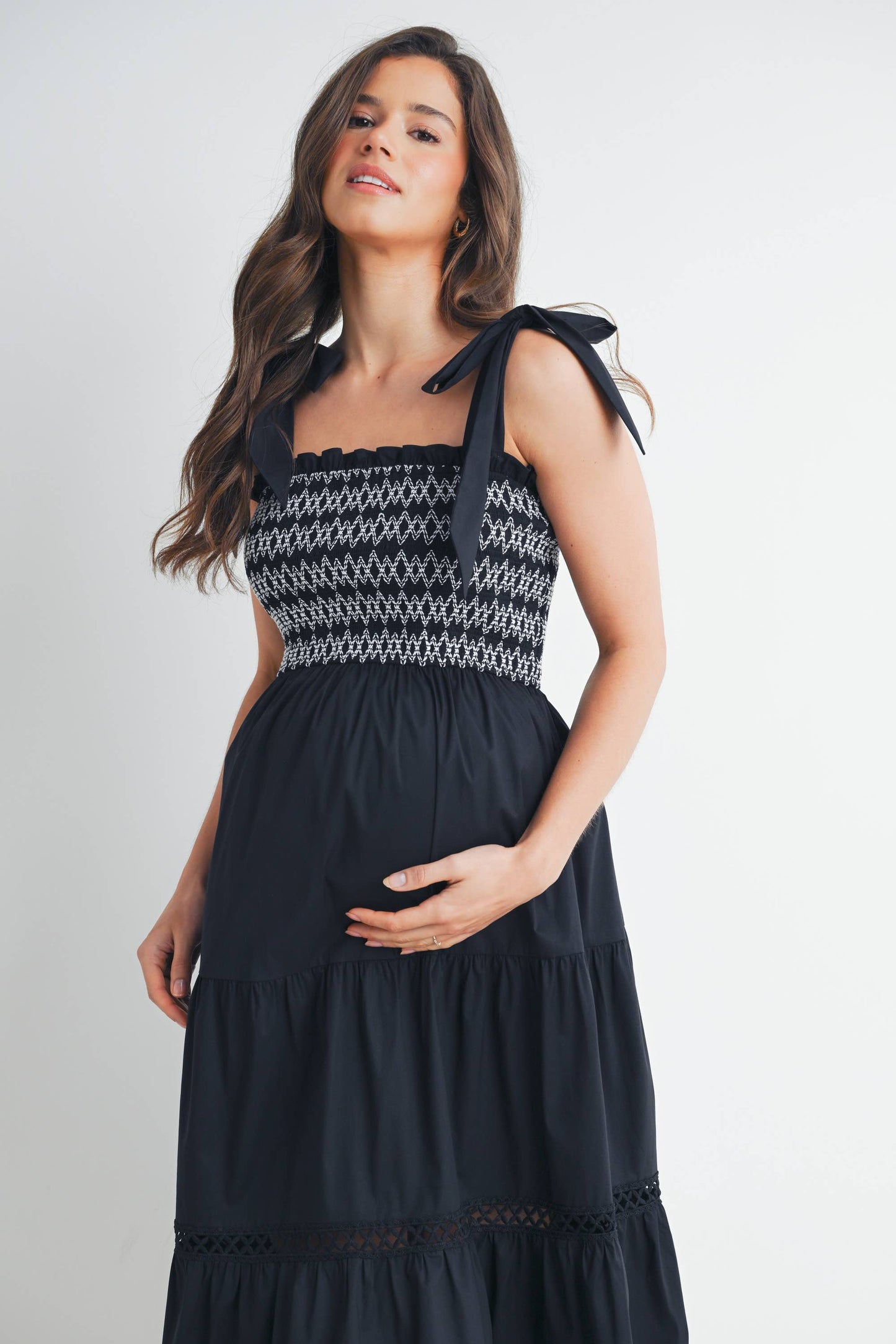 Smocked Tie-Strap Maternity Ruffle Midi Dress